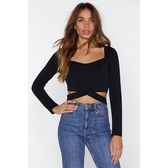 SHEIN Tops - Shein Long Sleeve Black Wrapped Cutout Waist Crop Top